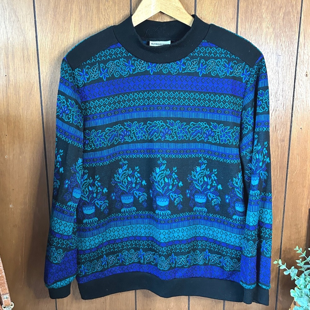 Vintage Alfred Dunner Black & Blue Knit Sweater with Plant Design Size Large